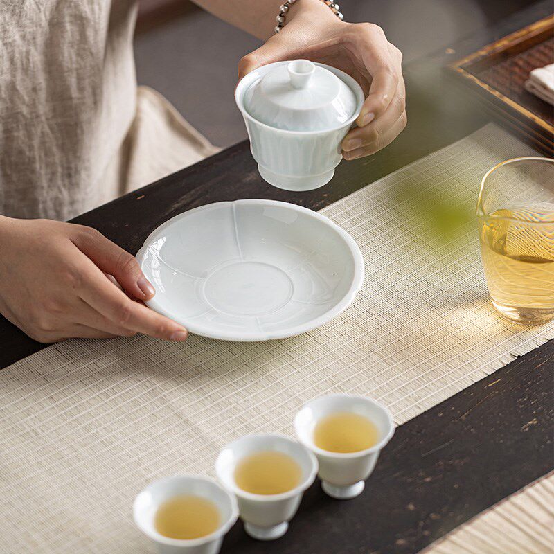 影青花口壶承中式茶点盘养壶干泡台小茶盘陶瓷盖碗托单层家用果盘
