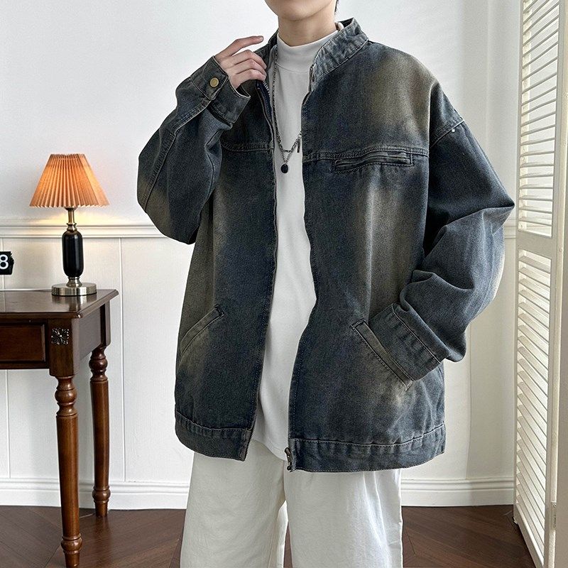 复古水洗做旧立领牛仔外套男女春秋季高级感宽松拉链工装夹克上衣