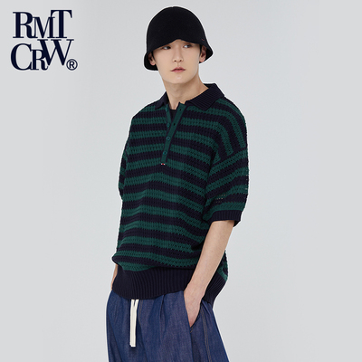 RomanticCrown春夏款休闲条纹针织翻领镂空撞色短袖POLO衫宽松T恤