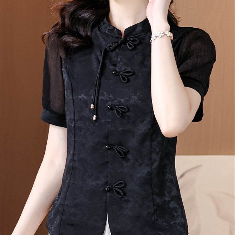 国风盘扣黑色短袖雪纺衬衫女2025新款夏季改良旗袍上衣新中式衬衣