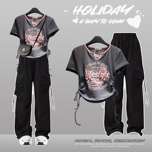 夏季大童小清新套装初中生女装显高POLO领T恤工装阔腿裤两件套