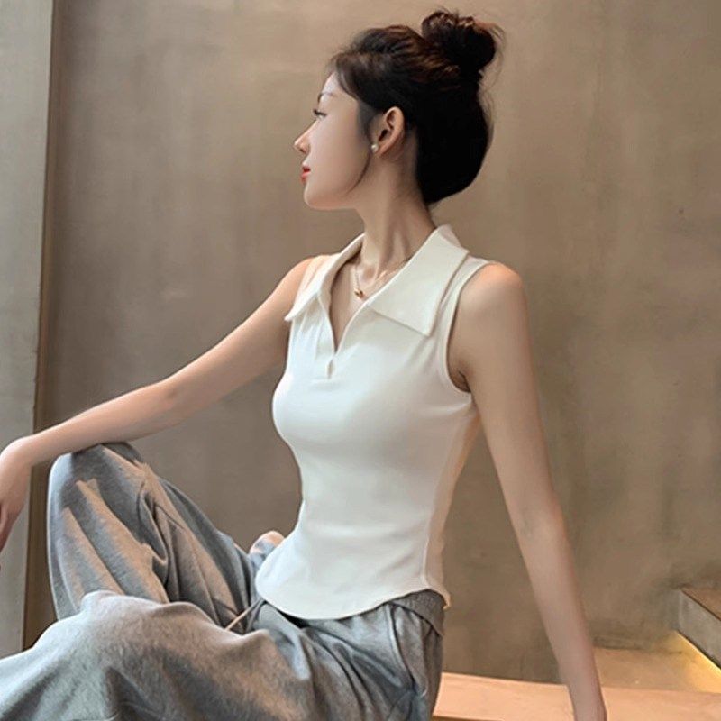 马甲背心女纯棉透气Polo领修身显瘦内搭时尚无袖弧形下摆打底上衣