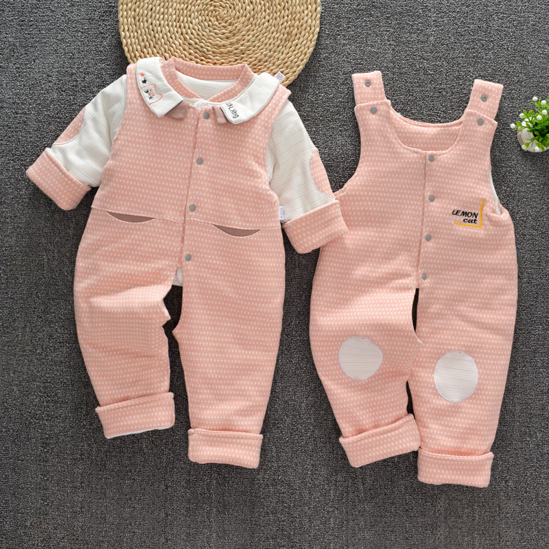 宝宝双层夹棉连体套装春秋新生儿纯棉外出服婴儿背带裤棉衣三件套