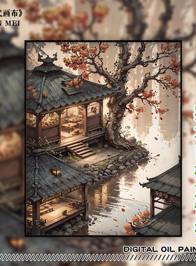 本手国潮新中式DIY数字油画定制手工手绘画风景丙烯画填色填涂画