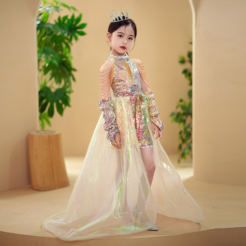 儿童走秀礼服国潮女童模特表演高端时尚主持人亮片舞台钢琴演出服