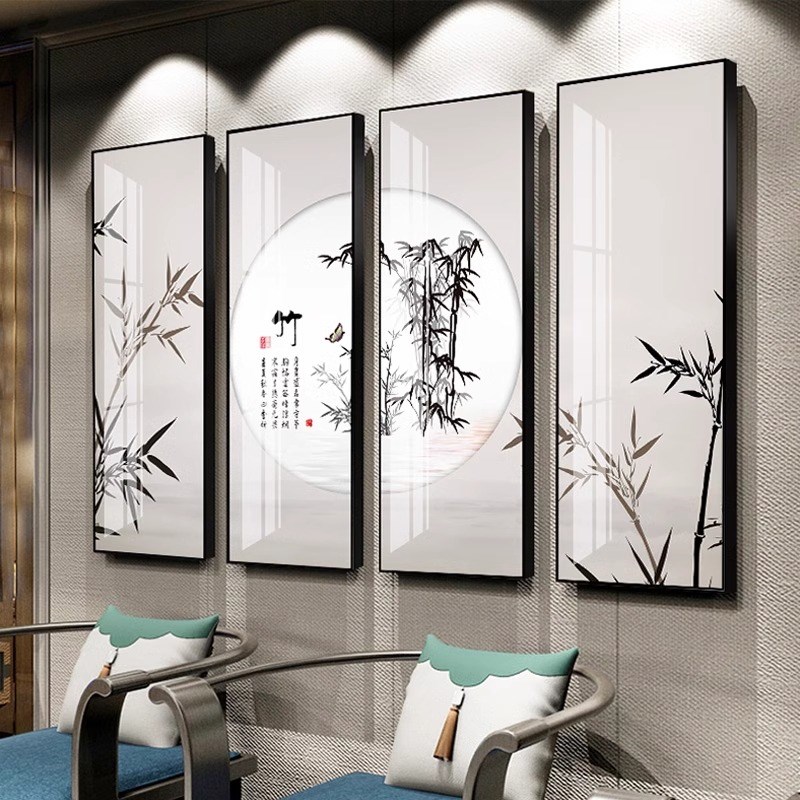 新中式客厅画背景墙装饰画四联条屏梅兰竹菊挂画沙发墙画茶室壁画