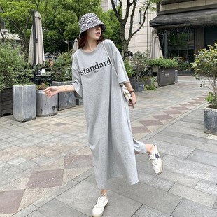 200斤胖mm长款到脚踝宽松过膝T恤连衣裙女纯棉休闲遮肚超大码裙夏