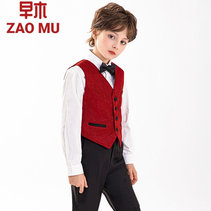 儿童西装马甲套装男童花童高端亮片生日毕业主持人礼服钢琴演出服