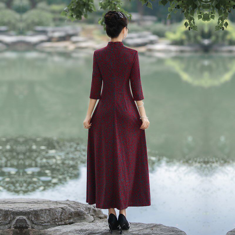 改良旗袍连衣裙老年女妈妈长袖春秋女装新中式日常礼服复古中国风