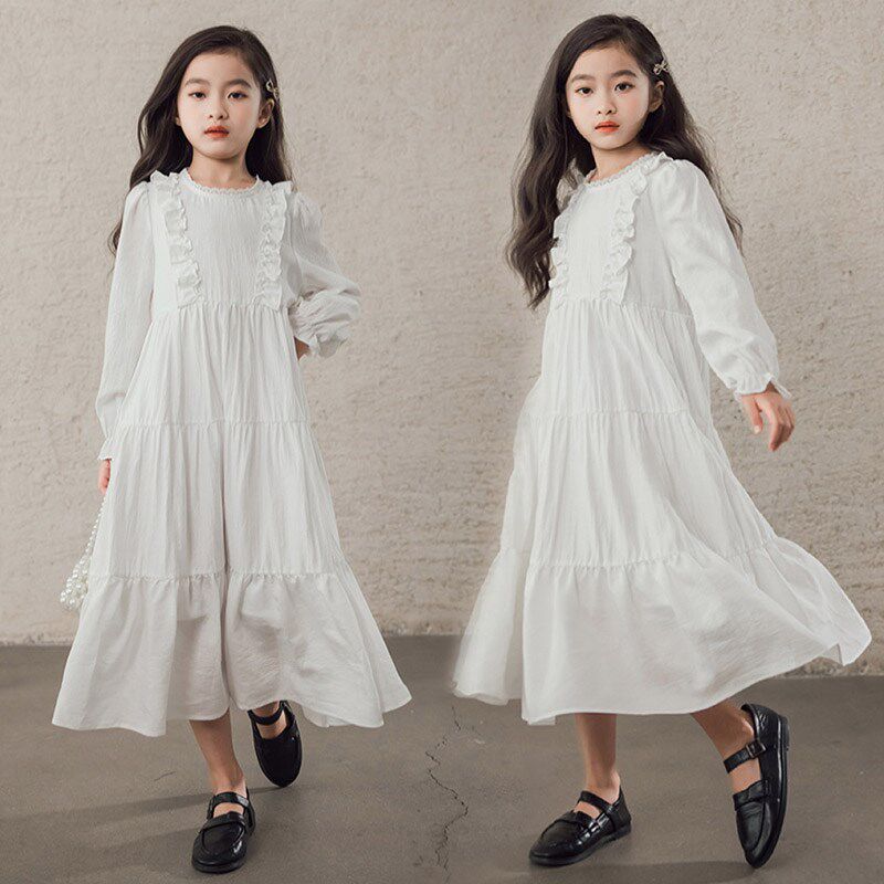 春秋童装女童荷叶边长袖连衣裙棉布裙花边公主裙文艺范长裙中大童