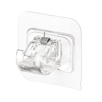 Curtain rod hook, extendable pole, fixed clamp, adhesive, no