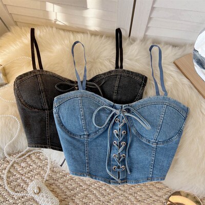 Spaghetti Strap Denim Drawstring Tanks Camis for Women Almig