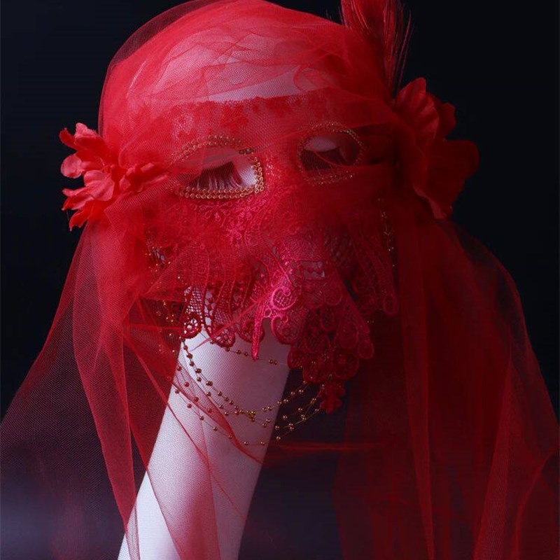 Mask Lace Mesh Tassel Big Red Flower Decoration Full Face图片