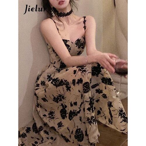 Jielur 2024 Summer Floral Strap Midi Dress Women Sleeveless