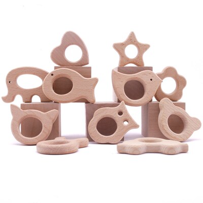 10pc Wooden Teether Animals Beech Teething Grasping Wooden A
