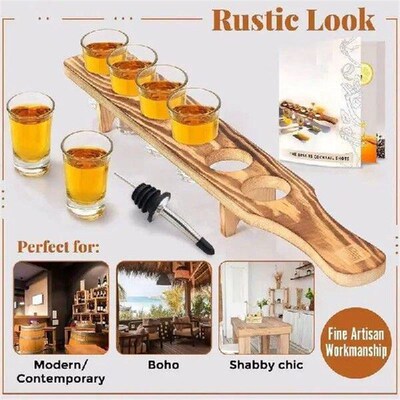 Tequila Serving Tray Wooden Drink Serving Tray with 6
