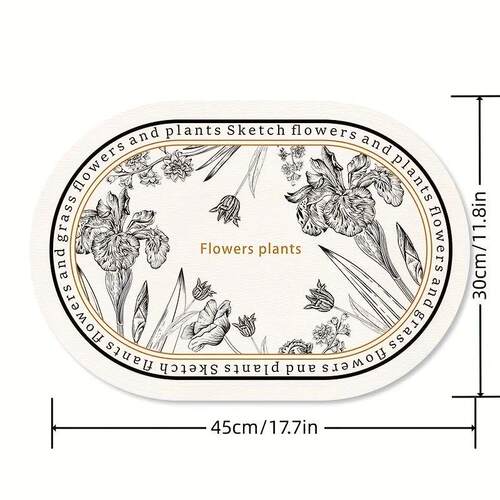 Floral Elliptical Placemats, PU Leather Sketch Flowers Patte