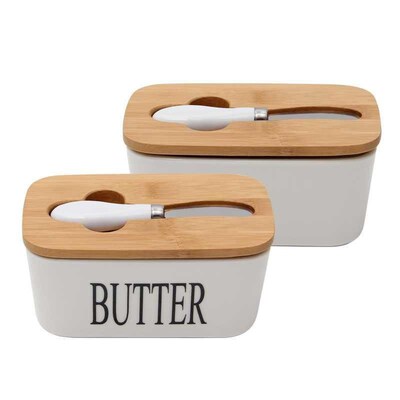 Butter Box Sealing With Wood Lid Knife Food Dish Ceramic