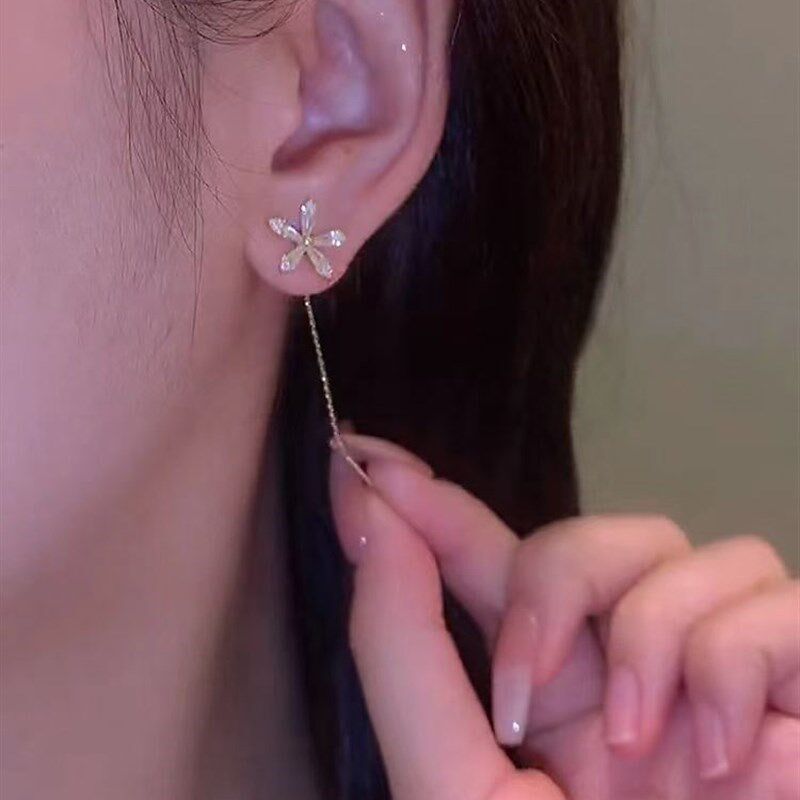 Unique Crystal Flower Long Earring with Tassels Streamline E