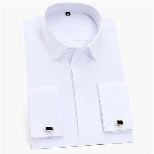 Mens Classic French Cuffs Solid Dress Shirt Covered Placket
