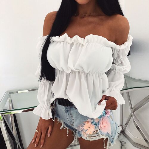 Womens Tops and Blouses Sexy Solid Color Off Shoulder Ruff S