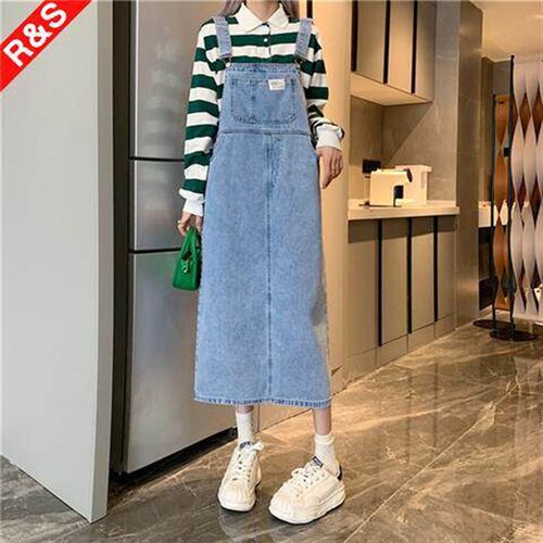 Denim Strap Two-piece Suspender Dress Womens Summer Retro D