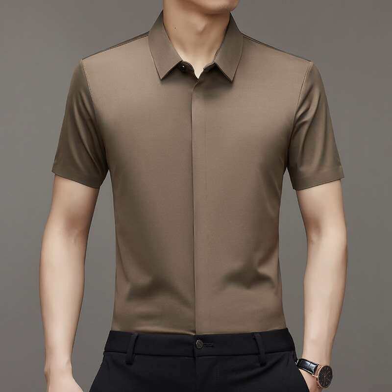 Summer New Mens Short-sleeved Shirt Semi-seamless Dark Plac