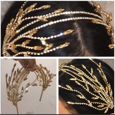 Baroque Crystal Rhinestone Pearls Tassel Leaf Double Hairban