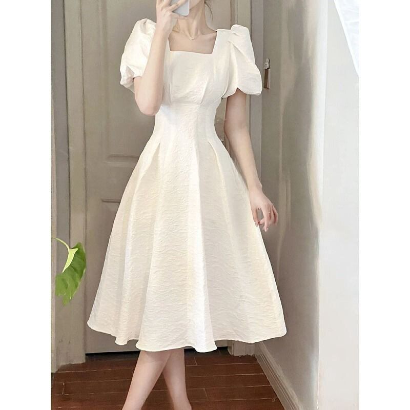 6615#French first love white long skirt summer womens squar图片