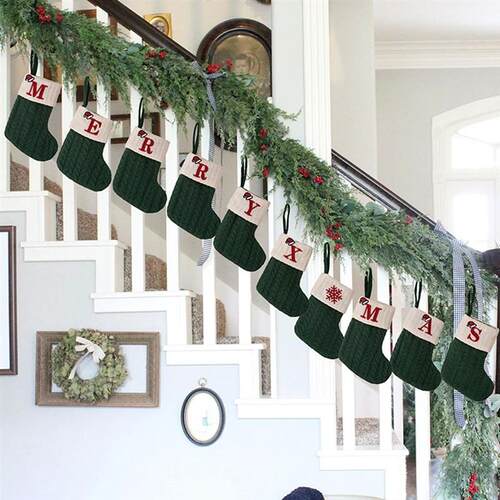 Green A-Z Letter Hanging Christmas Stockings Monogram Knitte