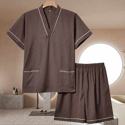 新款汗蒸服男款苎麻足浴服高档洗浴客人睡衣棉麻中心洋气按摩服男