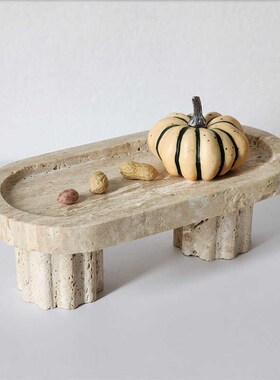 侘寂风大理石托盘复古黄洞石高脚果盘装饰盘民宿样板间软装摆件