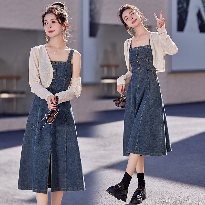 法式牛仔吊带连衣裙女春秋新款修身气质中长款a字裙小披肩套装裙