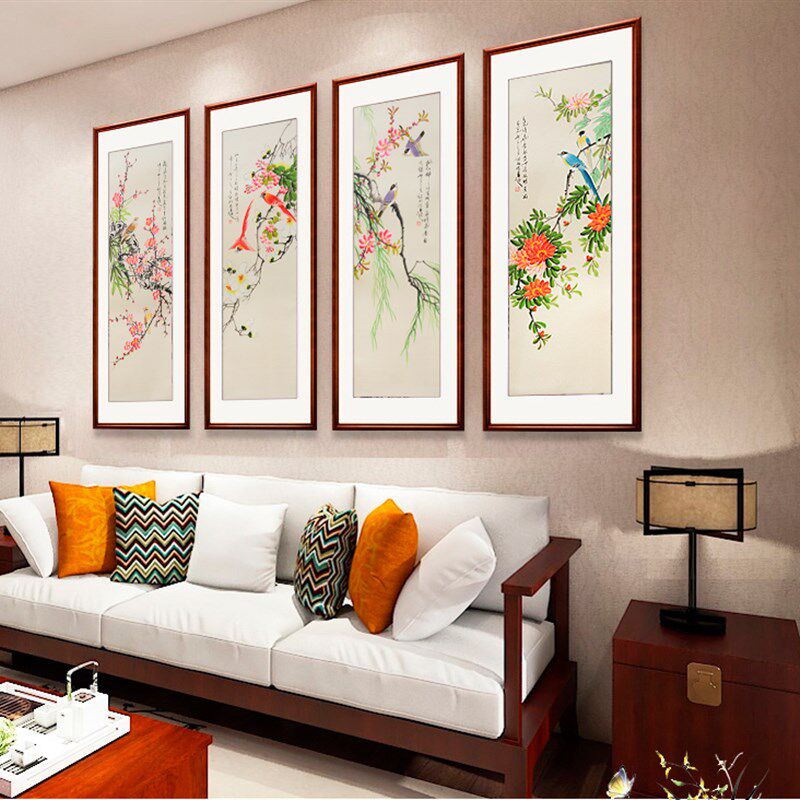 梅兰竹菊四条屏挂画客厅中式沙发背景墙装饰壁画纯手绘花鸟字画框