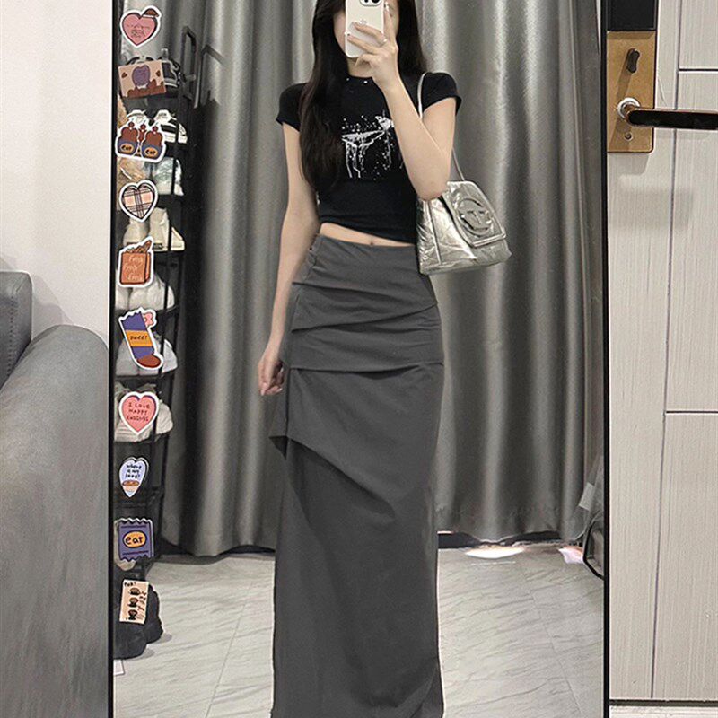 设计感灰色工装半身裙女夏薄款胖妹妹mm高腰显瘦a字中长款包臀裙