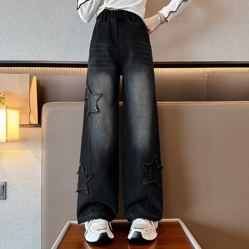 女童裤子春秋款2023新款儿童阔腿牛仔裤大童秋季加绒黑色冬季外穿