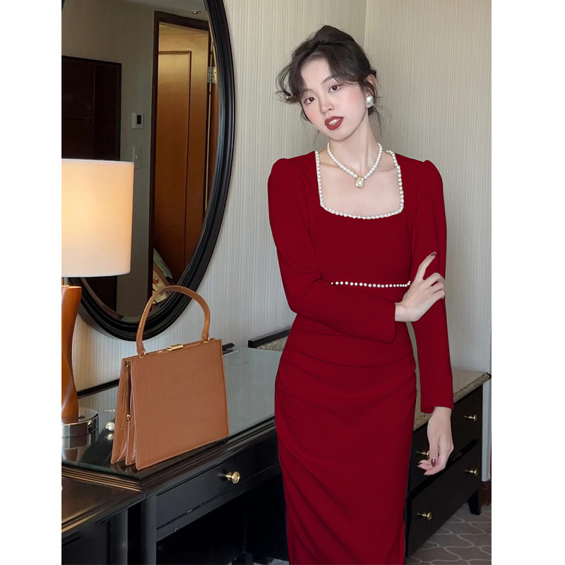 敬酒服新娘平时可穿冬季长袖酒红色回门便装结婚订婚礼服连衣裙女