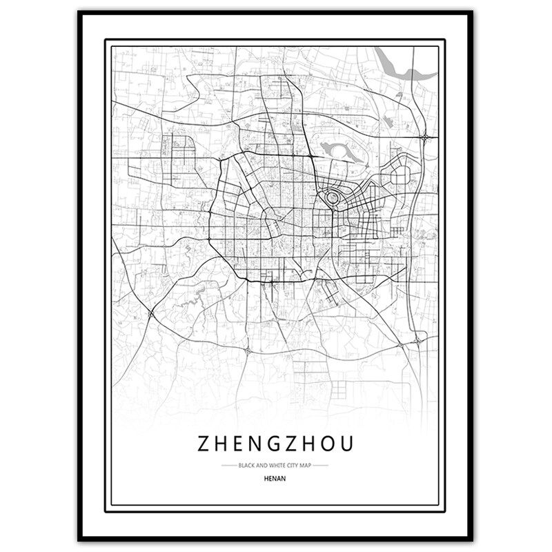 河南郑州洛阳艺术地图线条画城市装饰画简约黑白时尚壁龛裱画挂画