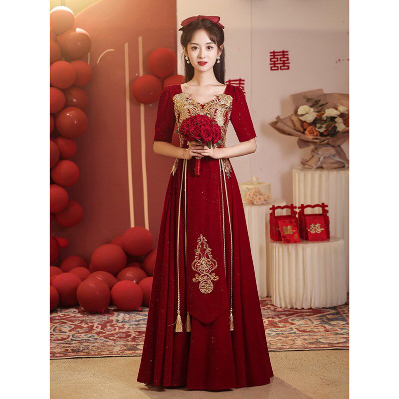 酒红色大码敬酒服新娘2024新款胖mm秋季气质高级感结婚订婚礼服女