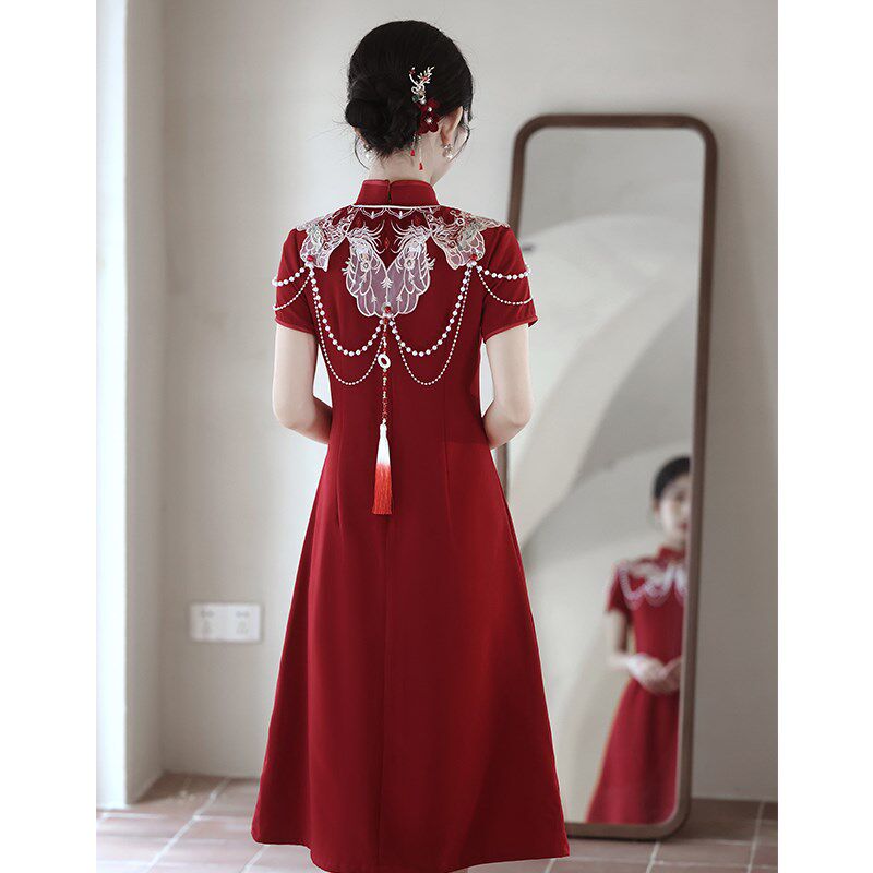 红色云肩旗袍敬酒服新娘2024新款结婚订婚礼服连衣裙新中式小个子