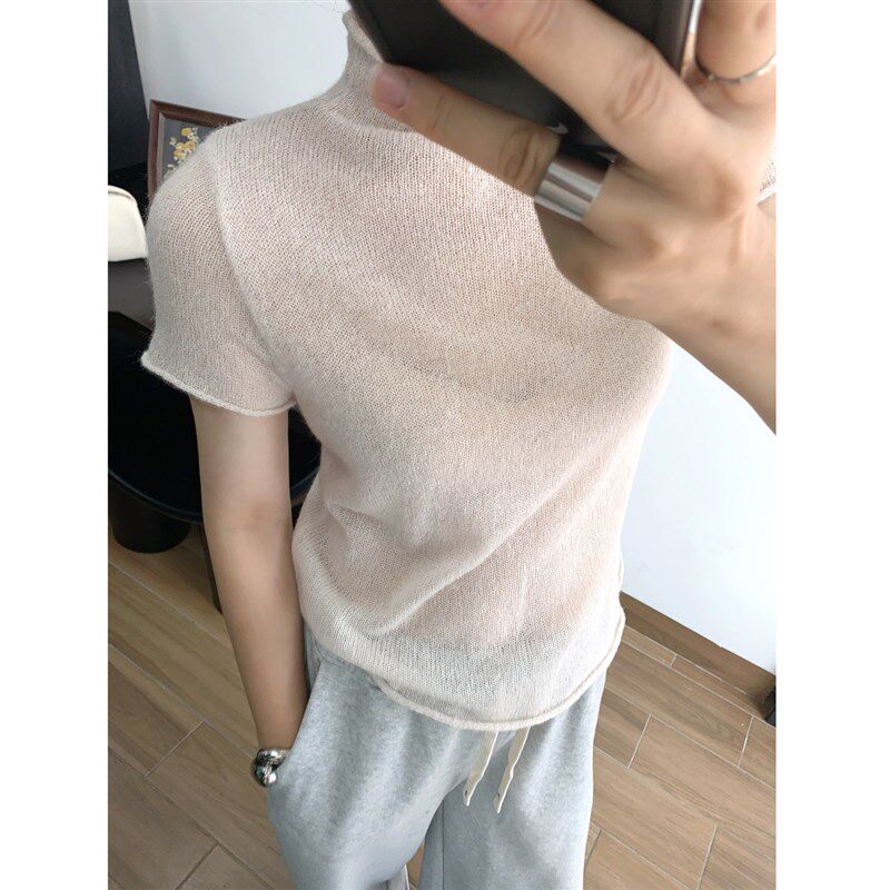 小船领  韩代200+ 复古感针织短袖松驰 半透立领马海毛羊毛小衫女