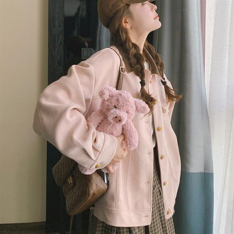 粉色鹿皮绒工装外套女春秋新款小个子学院风甜美宽松短款夹克开衫