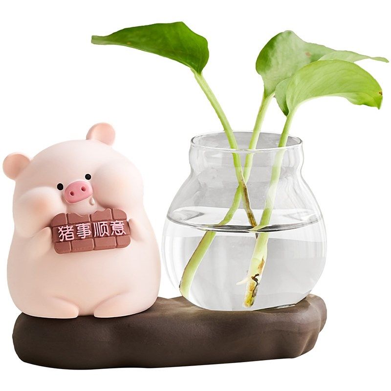 可爱小猪水培摆件办公室好物女生电脑办公桌面工位装饰品治愈解压