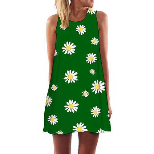 Woman Summer Dress Loose Sleeveless Sunflower Printed Mini