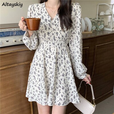 Spring Dress Women Print V-neck Feminine Korean Style Elegan