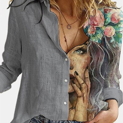 Retro Face Print Blouse Shirt Women Fashion Stitching Long