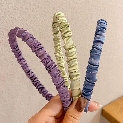 New Pleated Satin Hair Bands for Women Girls Solid Color Hai