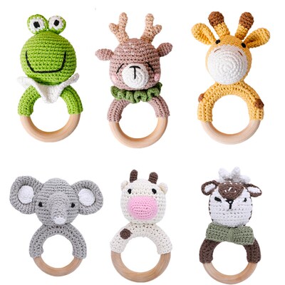 1PC Baby Rattle Toys Cartton Animal Crochet Wooden Rings Rat