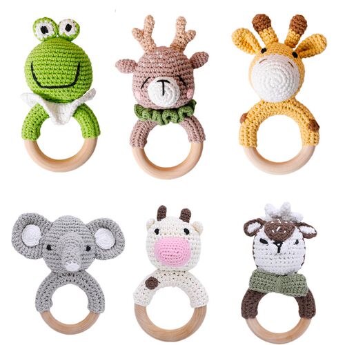 1PC Baby Rattle Toys Cartton Animal Crochet Wooden Rings Rat