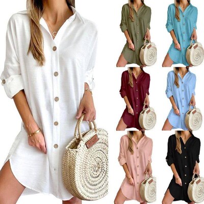 Long sleeved collared shirt dress for women